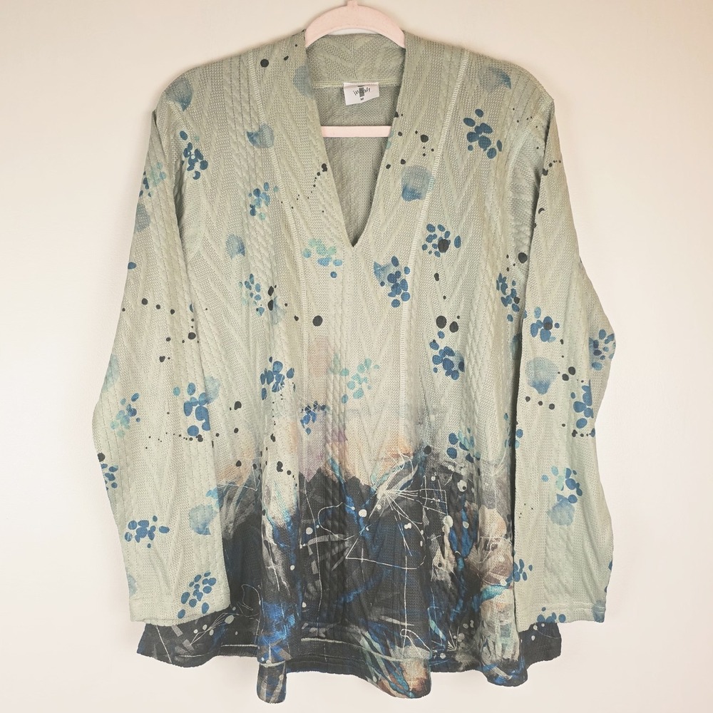Inoah Top Womens Medium Cool Ice Textured‎ Blouse Green Artsy Art Floral.A208
